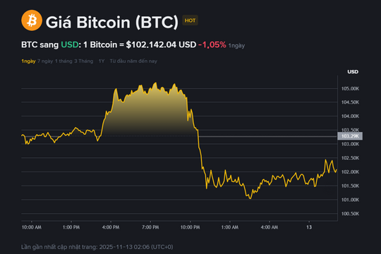 Giá BTC hôm nay 13.11: Giằng co quanh mốc 102.000 USD, thị trường chờ tín hiệu mới