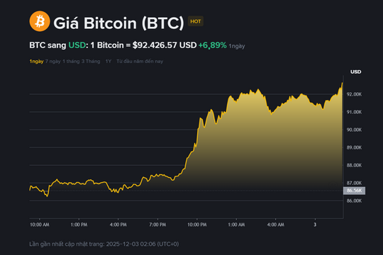 Giá Bitcoin hôm nay 3.12: Chạm 93.000 USD, phục hồi ấn tượng sau nhịp điều chỉnh mạnh