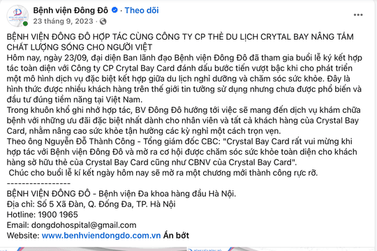 Vụ hợp đồng kỳ nghỉ: Bệnh viện Đông Đô lên tiếng về cú bắt tay Crystal Bay Card