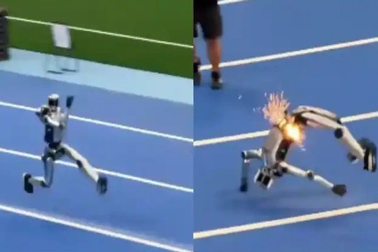 Robot hình người gãy đôi, tóe lửa sau cú đâm tường tại Olympic robot