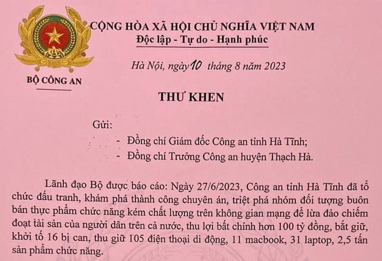 Bộ Công an gửi thư khen Công an Hà Tĩnh vì đã phá chuyên án lừa bán thuốc trị nám chiếm đoạt hơn 100 tỉ đồng