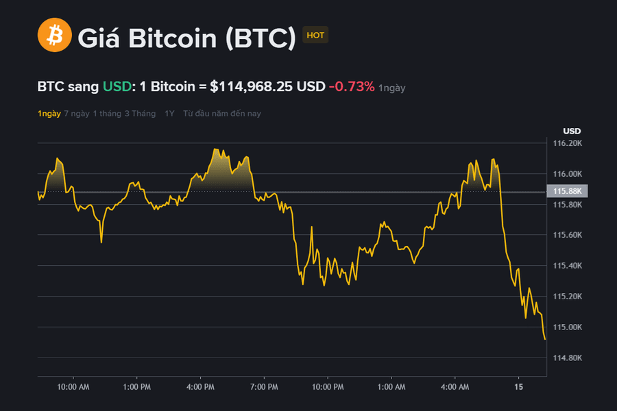 Giá Bitcoin hôm nay (15.9): Chững lại dưới ngưỡng 116.000 USD