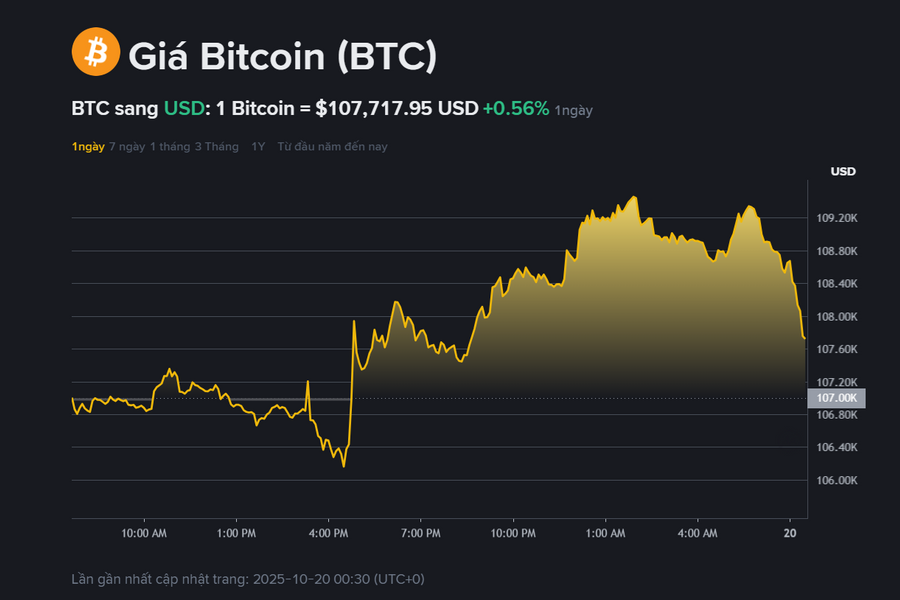 Giá Bitcoin hôm nay 20.10: Phục hồi tích cực, trên 107.000 USD