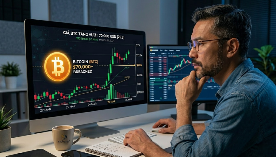 Giá Bitcoin hôm nay 25.3: Dao động hẹp quanh 70.000 USD, 'cơn sóng lớn' đang đến gần?