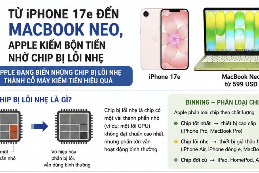 Từ iPhone 17e đến MacBook Neo, Apple kiếm bộn tiền nhờ chip bị lỗi nhẹ