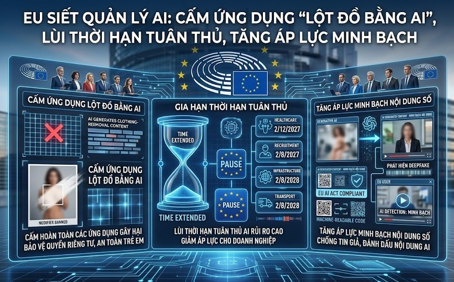 EU siết quản lí AI: Cấm ứng dụng lột đồ, chặn nội dung nhạy cảm