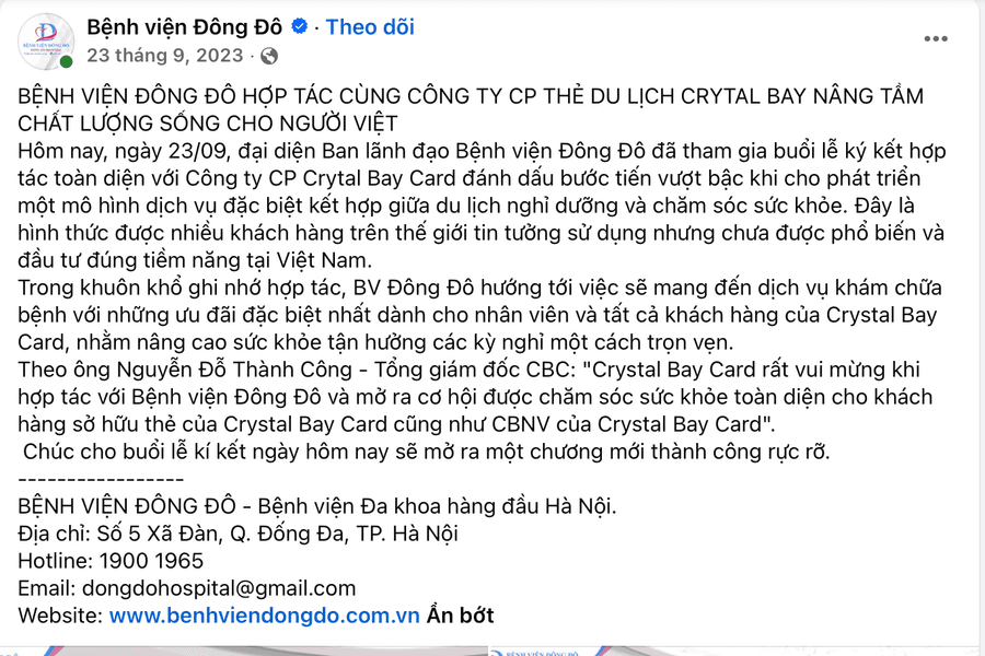 Vụ hợp đồng kỳ nghỉ: Bệnh viện Đông Đô lên tiếng về cú bắt tay Crystal Bay Card
