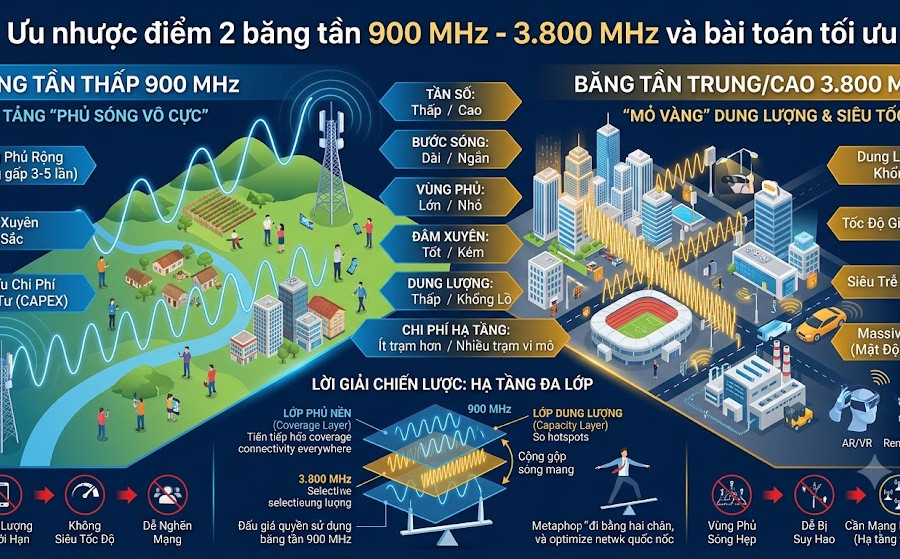'So găng' ưu nhược điểm 2 băng tần 900 MHz - 3.800 MHz và bài toán tối ưu