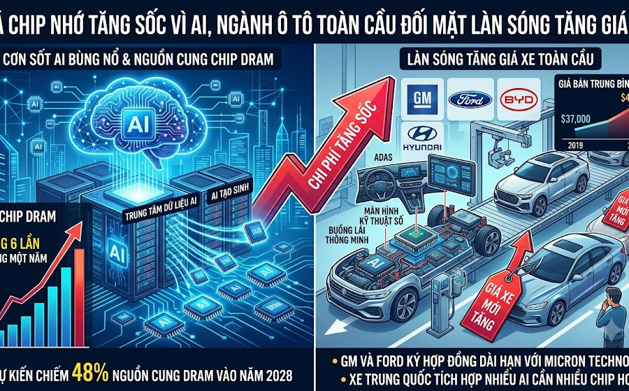 Giá chip nhớ tăng sốc vì AI, ngành ô tô toàn cầu đối mặt làn sóng tăng giá xe