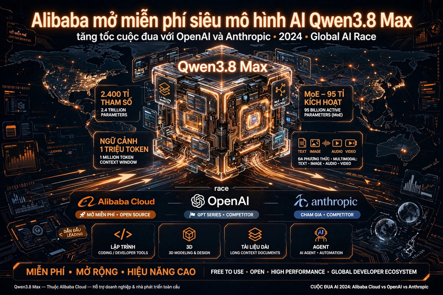 Alibaba mở miễn phí mô hình AI Qwen3.8 Max, cạnh tranh OpenAI và Anthropic