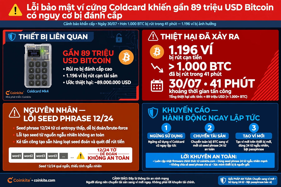 Lỗi bảo mật ví cứng Coldcard khiến gần 89 triệu USD Bitcoin có nguy cơ bị đánh cắp