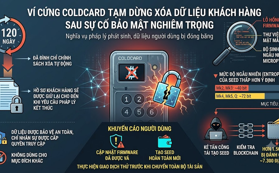 Ví cứng Coldcard tạm dừng xóa dữ liệu khách hàng sau sự cố bảo mật nghiêm trọng