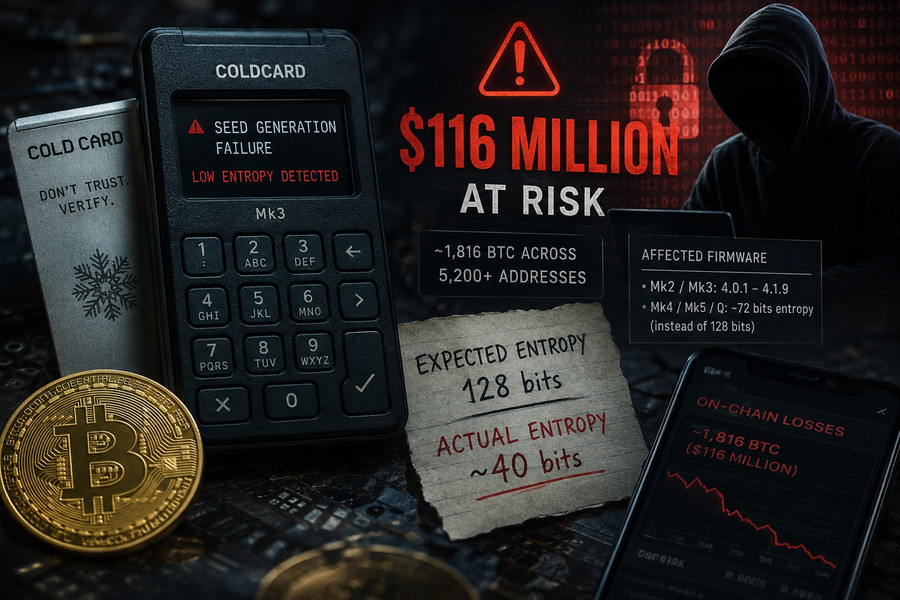 Nhà sáng lập TEXITcoin chỉ ra lỗi của ví cứng Coldcard khiến 116 triệu USD Bitcoin có nguy cơ bị đánh cắp