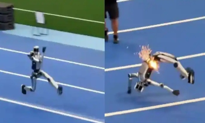 Robot hình người gãy đôi, tóe lửa sau cú đâm tường tại Olympic robot